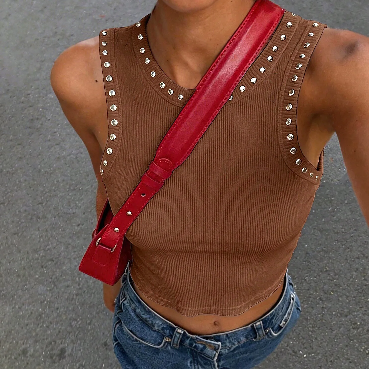 Y2K Rivet Trim Ribbed Crop Tan - Tank Top Ribbed ulasan dan harga