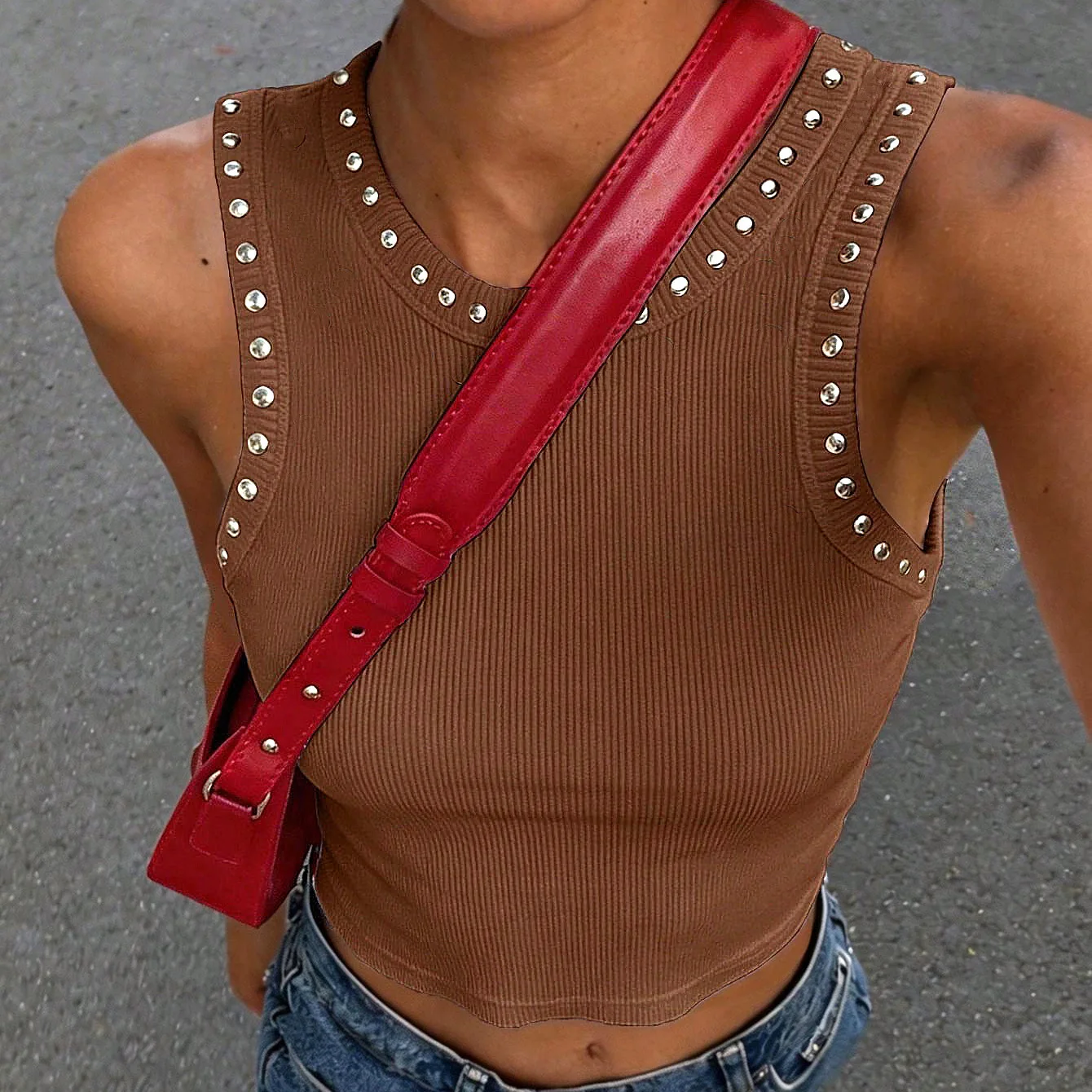 Y2K Rivet Trim Ribbed Crop Tan - Tank Top Ribbed ulasan dan harga